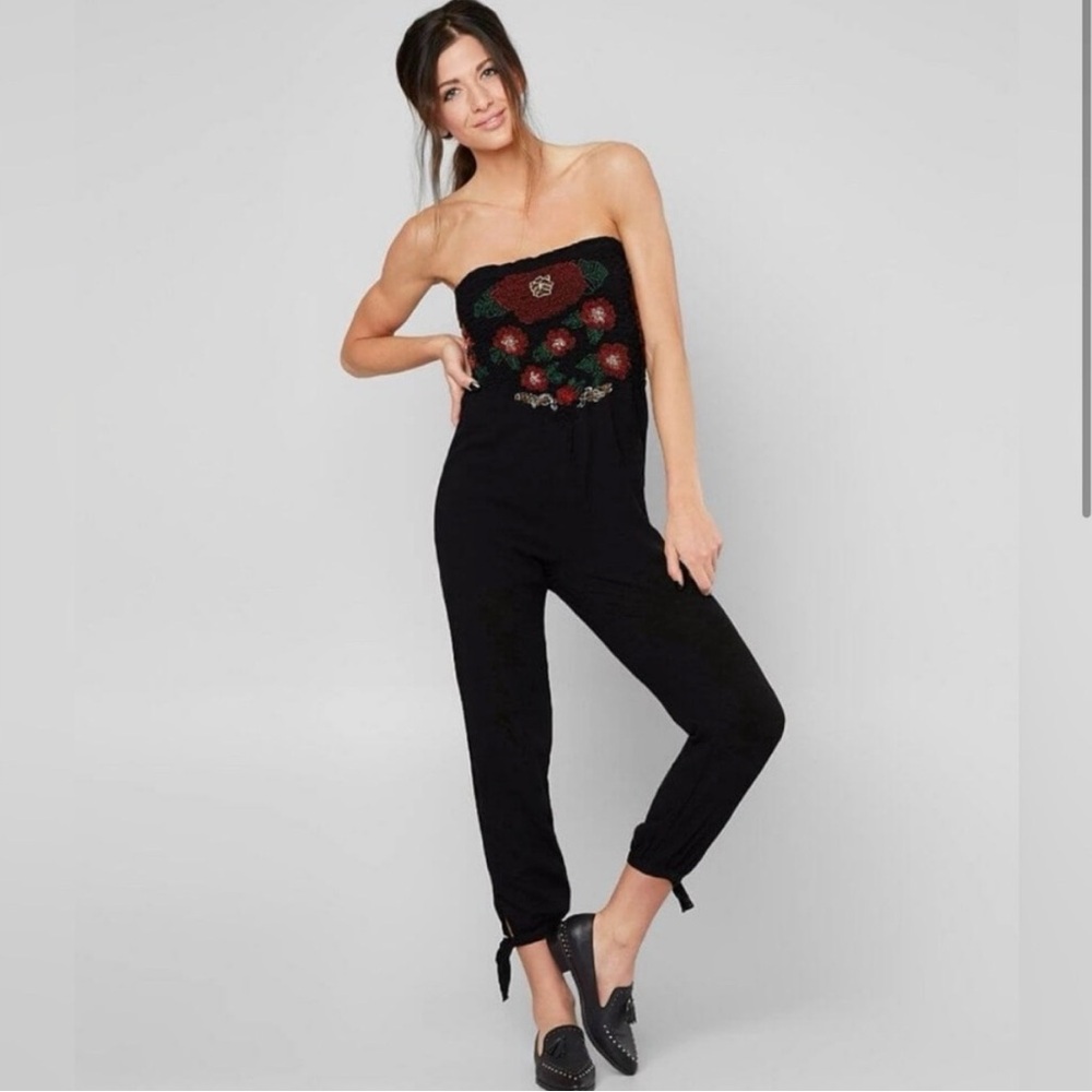 Free People Black Strapless Jumpsuit with Floral Design